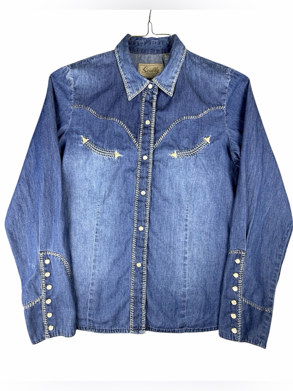Scully Pearl Snap Denim Whip Cowboy Women’s Shirt, Two Tone Fade, Size Small
